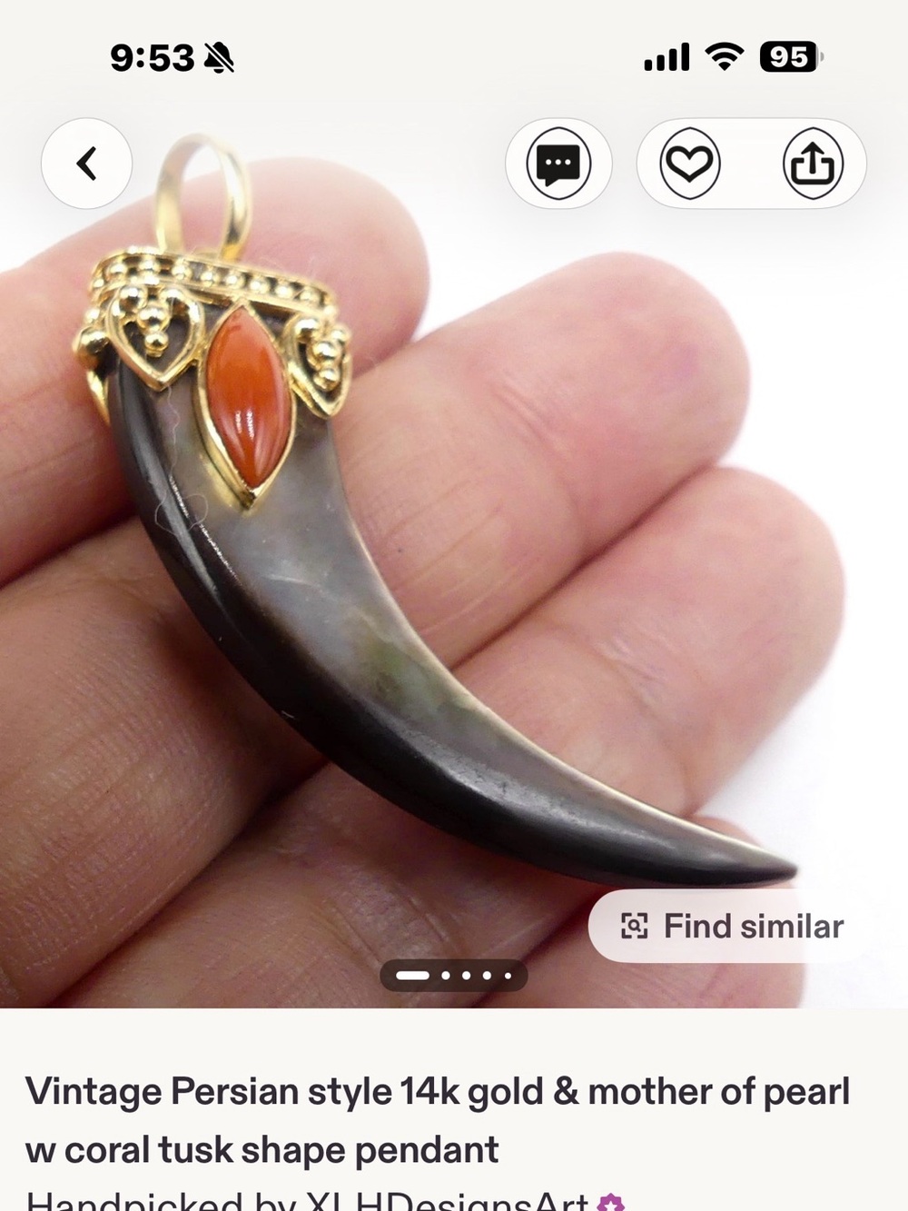 14k Gold Mother of Pearl Tusk Pendant with Coral Accent - Vintage Style
